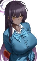 Rule 34 | 1girl, absurdres, arms behind back, blue archive, blue cardigan, box, breasts, cardigan, closed mouth, dark-skinned female, dark skin, gift, gift box, halo, heart-shaped box, highres, karin (blue archive), large breasts, long hair, looking at viewer, purple halo, school uniform, simple background, tewaki, valentine, white background, yellow eyes