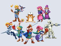 Rule 34 | 3girls, 6+boys, adam (shining force), arm cannon, arm up, armor, backpack, bag, blonde hair, blue cape, blue eyes, boots, braid, breasts, bridal gauntlets, brown eyes, brown footwear, cape, centaur, character request, chip (shining force), clenched hand, closed mouth, commentary, company connection, copyright name, demon girl, dress, elf, fingerless gloves, friday (landstalker), gloves, gradient background, greaves, green cape, green headband, headband, helmet, highres, holding, holding polearm, holding scepter, holding shield, holding staff, holding sword, holding weapon, horns, jogurt (shining force), lance, landstalker: koutei no zaihou, long hair, looking at viewer, mae (shining force), max (shining force), monster girl, multiple boys, multiple girls, nigel (landstalker), open mouth, pink hair, pixel art, pixelflag, pointy ears, polearm, ponytail, purple robe, red eyes, robe, robot, scepter, sega, shield, shining (series), shining force i, short sleeves, simple background, single braid, smile, staff, sword, tao (shining force), taur, weapon, wings