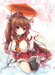 Rule 34 | 10s, 1girl, bad id, bad pixiv id, breasts, brown eyes, brown hair, female focus, hair ornament, highres, kantai collection, large breasts, long hair, miniskirt, oil-paper umbrella, pleated skirt, ponytail, single thighhigh, skirt, smile, solo, thighhighs, umbrella, vashaps2, very long hair, yamato (kancolle)