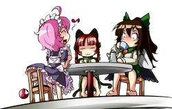 Rule 34 | 3girls, :3, ahoge, alternate costume, animal ears, apron, barefoot, bird wings, bloomers, bow, braid, brown hair, cape, cat ears, cat girl, cat tail, chair, closed eyes, clothes lift, coffee pot, cup, dress, drinking, enmaided, female focus, from below, hair bow, kaenbyou rin, komeiji satori, long sleeves, maid, maid apron, maid headdress, multiple girls, multiple tails, musical note, open mouth, pink hair, red hair, reiuji utsuho, short hair, simple background, sitting, skirt, skirt lift, sokutenkun, table, tail, third eye, touhou, tray, twin braids, underwear, waist apron, white background, wings