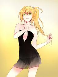 Rule 34 | 1girl, arthur (techno smith), bad id, bad pixiv id, bare shoulders, black panties, blonde hair, breasts, cleavage, cleavage cutout, clothing cutout, collarbone, female focus, green eyes, hand on neck, kaku-san-sei million arthur, light smile, lingerie, long hair, million arthur (series), panties, ponytail, realmang, see-through, side ponytail, sleeveless, smile, solo, strapless, underwear