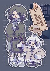 2girls :3 absurdres antenna_hair arm_up backpack bad_id bad_twitter_id bag beret binder_clip black_bag black_cardigan black_eyes black_hair bow bowtie branch brown_hat cardigan chibi coat commentary_request deformed duffel_coat earrings full_body fur-trimmed_coat fur_trim genkou_youshi grey_background grey_hair grey_hat grey_sailor_collar grey_skirt hat highres holding holding_bag holding_branch jewelry jitome long_sleeves looking_at_viewer mary_janes medium_hair multicolored_hair multiple_girls nikamoka no_sclera open_cardigan open_clothes open_mouth original outline pigeon-toed pleated_skirt sailor_collar school_uniform serafuku shirt shoes skirt sleeves_past_fingers sleeves_past_wrists socks standing streaked_hair unworn_backpack unworn_bag unworn_hat unworn_headwear white_outline white_shirt white_socks