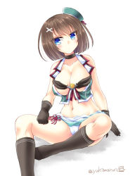 Rule 34 | 10s, 1girl, adapted costume, beret, black gloves, black neckwear, blue eyes, blue hat, breasts, brown hair, closed mouth, collarbone, gloves, hair ornament, hairclip, hand on leg, hand on own thigh, hat, kantai collection, kneehighs, large breasts, looking at viewer, maya (kancolle), maya kai ni (kancolle), miniskirt, open clothes, panties, pleated skirt, short hair, simple background, sitting, skindentation, skirt, socks, solo, tamagawa yukimaru, thighs, twitter username, underwear, white background, white panties, white skirt