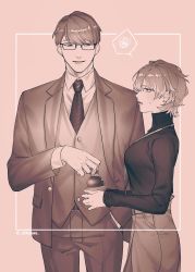 Rule 34 | 1boy, 1girl, a3!, absurdres, bottle, breasts, chigasaki itaru, chikuwa (dr0603), collared shirt, cowboy shot, drink, genderswap, genderswap (mtf), glasses, hand in pocket, height difference, highres, holding, holding bottle, id card, jacket, lanyard, large breasts, long sleeves, looking at another, looking away, monochrome, necktie, office lady, outside border, pants, profile, shirt, short hair, sideways glance, simple background, skirt, smirk, spoken squiggle, squiggle, sweatdrop, sweater, swept bangs, turtleneck, turtleneck sweater, utsuki chikage, vest