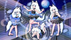 Rule 34 | 4girls, animal ears, arrow (symbol), barefoot, black dress, blue eyes, blue jacket, blue sash, blue shorts, blue sky, blush, breasts, clone, closed mouth, commentary request, criss-cross halter, danmaku, dress, full body, full moon, halterneck, hands on own cheeks, hands on own face, heart, heart hands, highres, jacket, kittenup, long hair, looking at viewer, lying, magic circle, moon, multiple girls, night, on stomach, one eye closed, open mouth, rabbit and steel, sash, shorts, shorts under dress, sky, sleeveless, sleeveless dress, small breasts, smile, star (sky), starry sky, tail, tassha the snowfur wolf, the pose, white hair, wolf ears, wolf girl, wolf tail
