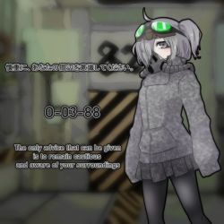 Rule 34 | 1girl, blush, dimensional refraction variant, english text, goggles, goggles on head, grey hair, hair over one eye, high collar, huyusaki taiga, jacket, lobotomy corporation, long sleeves, one side up, pantyhose, personification, pleated skirt, pocket, project moon, respirator, skirt, sleeves past fingers, sleeves past wrists, solo