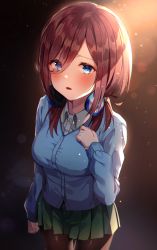 Rule 34 | 1girl, absurdres, arm at side, blue cardigan, blush, breasts, brown background, brown hair, brown pantyhose, cardigan, collared shirt, cowboy shot, eyes visible through hair, from above, go-toubun no hanayome, gradient background, green skirt, hair over one eye, hand on own chest, headphones, headphones around neck, highres, knowa, long hair, long sleeves, looking at viewer, looking up, medium breasts, miniskirt, nakano miku, pantyhose, pleated skirt, school uniform, shirt, skirt, solo