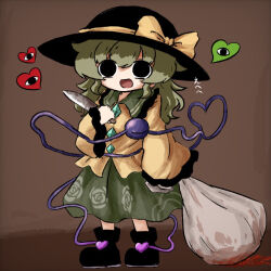 Rule 34 | 1girl, bag, black eyes, black footwear, black hat, blouse, boots, bow, brown background, buttons, diamond button, dragging, eyeball, floral print, frilled shirt collar, frilled sleeves, frills, full body, green hair, green skirt, hand up, hat, hat bow, hat ribbon, heart, heart of string, heripantomorrow, holding, holding bag, holding knife, knife, komeiji koishi, long sleeves, medium hair, open mouth, ribbon, rose print, shirt, sidelocks, simple background, skirt, smile, solo, standing, third eye, touhou, wavy hair, wide sleeves, yellow bow, yellow ribbon, yellow shirt