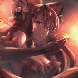 Rule 34 | 1girl, animal ears, anthuria, black gloves, breasts, closed mouth, commentary request, elbow gloves, embers, erune, eyelashes, fire, gloves, granblue fantasy, hair between eyes, highres, large breasts, long hair, looking at viewer, pyrokinesis, red theme, sassakntm, solo, very long hair