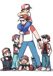 Rule 34 | absurdres, baseball cap, black hair, black wristband, brown hair, carrying, creatures (company), denim, game freak, hand in pocket, hat, highres, holding hands, jacket, jeans, multiple persona, nintendo, pants, pokefia, pokemon, pokemon frlg, pokemon hgss, pokemon lgpe, pokemon masters ex, pokemon rgby, pokemon sm, red (pokemon), red headwear, shoes, shoulder carry, sitting, sneakers, sweatdrop, tongue, tongue out, wristband