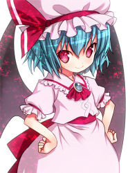 Rule 34 | 1girl, ascot, bat wings, blue hair, bow, brooch, dress, hands on own hips, hat, hat bow, jewelry, kiira, mob cap, pink dress, pink eyes, puffy sleeves, remilia scarlet, sash, short sleeves, smile, solo, touhou, wings