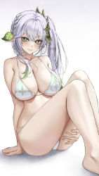 Rule 34 | 1girl, absurdres, aged up, alternate costume, arm support, bare arms, bare legs, bare shoulders, bikini, blush, braid, breasts, closed mouth, colored tips, cross-shaped pupils, feet out of frame, genshin impact, green hair, hair ornament, halterneck, hand on own thigh, highres, ki-16, knees up, large breasts, leaf hair ornament, long hair, multicolored hair, nahida (genshin impact), pointy ears, side ponytail, simple background, sitting, smile, solo, string bikini, swimsuit, symbol-shaped pupils, thighs, two-tone hair, white background, white bikini, white hair