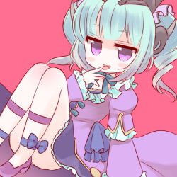 Rule 34 | 1girl, anklet, aqua hair, astaroth (p&amp;d), bad id, bad pixiv id, blush stickers, bow, convenient leg, demon girl, demon horns, dress, finger to mouth, frilled sleeves, frills, hair ornament, high heels, horns, jewelry, long sleeves, mashiro miru, no nose, open mouth, pink background, puffy long sleeves, puffy sleeves, purple dress, purple eyes, puzzle &amp; dragons, ribbon, short hair, simple background, smile, solo, tiara, tongue, tongue out, twintails
