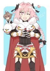 Rule 34 | 2boys, astolfo (fate), belt, bird, black shirt, black thighhighs, border, braid, cape, fang, fate/apocrypha, fate (series), fon-due (fonfon), garter straps, heart, looking at viewer, male focus, multiple boys, one eye closed, pink eyes, pink hair, red cape, red eyes, shirt, sieg (fate), skin fang, thighhighs, trap, white border