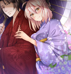 Rule 34 | 10s, 1boy, 1girl, blonde hair, bow, breasts, brown eyes, couple, crossover, drifters, fate (series), hair bow, hatori mia, highres, hijikata toshizou (drifters), holding, holding umbrella, japanese clothes, kimono, koha-ace, looking at viewer, okita souji (fate), okita souji (koha-ace), rain, short hair, smile, umbrella