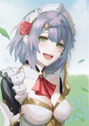 Rule 34 | 1girl, armor, armored dress, ascot, blue flower, blurry, blurry background, blush, braid, braided bangs, breasts, cloud, commentary request, day, dress, flower, genshin impact, grass, green eyes, grey hair, hair between eyes, hair flower, hair ornament, large breasts, leaf, looking at viewer, maid headdress, noelle (genshin impact), open mouth, outdoors, red ascot, red flower, red rose, rose, short hair, sky, solo, togatamaki