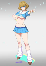 Rule 34 | 1girl, adapted costume, alternate breast size, blue eyes, breasts, closed mouth, full body, gradient background, grey background, hand on own hip, highres, ichinose minori, joy ride, large breasts, light brown hair, looking at viewer, nail polish, navel, precure, round eyewear, short hair, solo, standing, tropical-rouge! precure, underboob