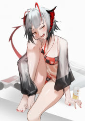 Rule 34 | 1girl, :d, absurdres, ahoge, antennae, arknights, bare legs, barefoot, brown eyes, commentary request, grey background, head tilt, highres, horns, knee up, lodbyy, long sleeves, looking at viewer, nail polish, open mouth, red nails, short hair, silver hair, sitting, smile, solo, tail, thighs, toenail polish, toenails, w (arknights)