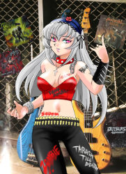 Rule 34 | 00s, 1girl, \m/, \n/, belt, breasts, bullet, bustier, collar, guitar, hairband, instrument, large breasts, lingerie, long hair, pink eyes, ranpu, rozen maiden, silver hair, solo, spikes, suigintou, underwear, wristband