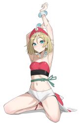 Rule 34 | 1girl, absurdres, armpits, arms up, blonde hair, blue eyes, bracelet, closed mouth, collarbone, commentary, creatures (company), english commentary, eyelashes, frown, game freak, hair between eyes, hairband, highres, holding own arm, irida (pokemon), jewelry, kiritzugu, kneeling, looking at viewer, navel, neck ring, nintendo, pokemon, pokemon legends: arceus, red footwear, red hairband, sash, shirt, short hair, short shorts, shorts, simple background, solo, strapless, strapless shirt, stretching, waist cape, white background, white shorts