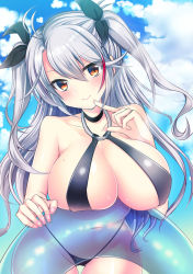 Rule 34 | 1girl, azur lane, bare shoulders, bikini, black neckwear, black ribbon, blue sky, blush, breasts, choker, cleavage, closed mouth, cloud, commentary request, day, hair ribbon, highres, large breasts, long hair, looking at viewer, navel, niyasuke (yama), orange eyes, prinz eugen (azur lane), ribbon, silver hair, sky, smile, solo, swimsuit, thigh gap, twintails, two side up