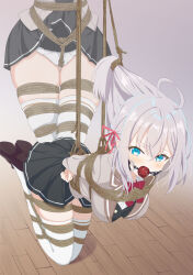 1girl absurdres ahoge alisa_mikhailovna_kujou arms_behind_back ball_gag bdsm between_legs black_shirt black_skirt black_thighhighs blue_eyes blush bondage border bound bound_arms bound_hair bound_legs bound_torso bow bowtie breasts brown_jacket cameltoe clothes_lift collared_jacket collared_shirt commission crotch_rope drooling fading_border female_focus full_body gag gagged gluteal_fold hair_between_eyes hair_ornament hair_ribbon hamuta_(machosbrown) highres indoors jacket kinbaku kneeling large_breasts legs light_blush long_hair looking_at_viewer looking_to_the_side multiple_views open_mouth panties pleated_skirt red_bow red_bowtie ribbon saliva saliva_trail school_uniform seiren_academy_school_uniform shibari shibari_over_clothes shirt sidelocks skeb_commission skin_tight skindentation skirt skirt_lift solo suspended_congress suspension thigh_gap thighhighs thighs tokidoki_bosotto_roshia-go_de_dereru_tonari_no_alya-san tongue underwear upskirt white_hair white_panties white_shirt wooden_floor