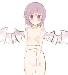 Rule 34 | 1girl, animal ears, bird wings, blush, cleft of venus, closed mouth, collarbone, covering privates, cowboy shot, expressionless, feathered wings, flat chest, gluteal fold, highres, looking at viewer, mystia lorelei, navel, nipples, no headwear, nude, purple eyes, purple hair, pussy, rogu (log 264), short hair, simple background, solo, standing, thigh gap, touhou, white background, white wings, wings