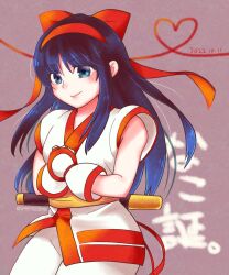 Rule 34 | 1girl, ainu clothes, blue eyes, blue hair, breasts, dated, fingerless gloves, gloves, hair ribbon, hands on own chest, heart, highres, legs, long hair, looking at viewer, medium breasts, nakoruru, pants, ribbon, samurai spirits, smile, snk, solo, the king of fighters, thighs, weapon