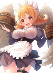 Rule 34 | 1girl, :d, apron, bird girl, black dress, blurry, blurry background, blush, breasts, brown wings, collared shirt, commentary request, cup, depth of field, dress, feathered wings, frilled apron, frills, hair between eyes, holding, holding cup, holding tray, ishuzoku reviewers, juliet sleeves, large breasts, long hair, long sleeves, matokechi, meidri, mug, open mouth, orange hair, pleated dress, puffy sleeves, red eyes, shirt, simple background, smile, solo, tray, waist apron, white apron, white background, white shirt, wings