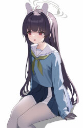Rule 34 | 1girl, absurdres, ahoge, akagi koku, animal ears, arm support, black gloves, black hair, blue archive, blunt bangs, commentary request, crying, crying with eyes open, depressed, empty eyes, fake animal ears, gloom (expression), gloves, halo, highres, knees together feet apart, long hair, long sleeves, miyu (blue archive), pantyhose, pleated skirt, rabbit ears, red eyes, school uniform, serafuku, sidelocks, simple background, sitting, skirt, solo, tears, white background, white pantyhose