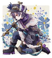 Rule 34 | 1boy, arrow (projectile), bishounen, black footwear, bloomminority, boots, bow (weapon), commentary, earrings, english commentary, floral background, fur collar, gloves, hat, highres, holding, holding bow (weapon), holding weapon, jewelry, kneeling, looking at viewer, male focus, on one knee, original, personification, purple hair, quiver, red eyes, sagittarius (zodiac), solo, symbol-only commentary, weapon, zodiac