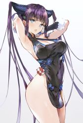 Rule 34 | 1girl, armpits, arms behind head, arms up, blue eyes, breasts, cleavage, cleavage cutout, clothing cutout, commentary request, dress, fate/grand order, fate (series), fur trim, gradient background, hair ornament, highres, hitaki yuu, large breasts, long hair, looking at another, looking at viewer, no panties, open mouth, pelvic curtain, purple hair, shiny skin, short dress, simple background, sleeveless, solo, thighs, white background, yang guifei (fate), yang guifei (second ascension) (fate)