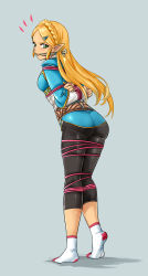 Rule 34 | 1girl, absurdres, angry, arms behind back, ass, bdsm, blonde hair, bondage, bound, braid, breasts, french braid, from behind, gagged, green eyes, highres, leggings, looking at viewer, lost one zero, medium breasts, nintendo, pointy ears, princess zelda, rope, shibari, socks, solo, the legend of zelda, the legend of zelda: breath of the wild