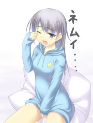 Rule 34 | 00s, 1girl, bad id, bad pixiv id, between legs, blue eyes, bottomless, eila ilmatar juutilainen, hand between legs, hood, hoodie, izumi sai, long hair, official alternate costume, one eye closed, open mouth, pillow, sleepy, solo, star (symbol), strike witches, translated, wink, world witches series