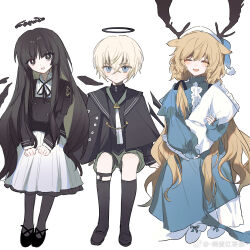 Rule 34 | 1boy, 2girls, :d, aged down, ahoge, animal ears, antlers, arknights, arm rest, arm support, artist name, black capelet, black dress, black eyes, black footwear, black hair, black halo, black ribbon, black shirt, black socks, black thighhighs, black wings, blonde hair, blouse, blue eyes, blue footwear, blue headwear, blue nightgown, blunt bangs, blush, bright pupils, broken halo, buttons, capelet, chinese commentary, chinese text, closed eyes, closed mouth, collared capelet, collared shirt, colored inner hair, commentary request, cousins, dark halo, deer antlers, deer ears, deer girl, detached wings, dot nose, dress, energy wings, executor (arknights), expressionless, facing viewer, frilled dress, frilled shirt collar, frills, full body, green hair, green necktie, green shorts, hair between eyes, hair ribbon, halo, hand up, hat, head tilt, high collar, highres, hime cut, holding, holding pillow, horns, invisible chair, kneehighs, layered sleeves, light blush, long hair, long sleeves, looking at viewer, mole, mole under eye, multicolored clothes, multicolored dress, multicolored hair, multiple girls, neck ribbon, necktie, nightcap, nightgown, open mouth, pale skin, pantyhose, pillow, pleated dress, pocket, ribbon, shirt, shoes, short hair, shorts, sidelocks, simple background, sitting, sleeve cuffs, smile, socks, square neckline, thighhighs, turtleneck, turtleneck shirt, twintails, two-tone dress, two-tone hair, very long hair, virtuosa (arknights), viviana (arknights), watermark, weibo 7737164789, weibo logo, weibo watermark, white background, white dress, white pupils, wings