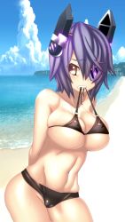 Rule 34 | 10s, 1girl, aoi souji, arms behind back, bikini, bikini top only, black bikini, blush, breasts, brown eyes, cameltoe, clenched teeth, cowboy shot, covered erect nipples, eyepatch, headgear, highres, kantai collection, large breasts, mouth hold, navel, purple hair, skindentation, solo, strap, sweat, swimsuit, tears, teeth, tenryuu (kancolle), untied, wet