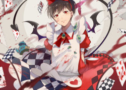 Rule 34 | 10s, 1boy, alice (alice in wonderland), alice (alice in wonderland) (cosplay), alice in wonderland, apron, arms behind back, bad id, bad pixiv id, blood, blood on clothes, blood on face, bow, brooch, card, cosplay, crossdressing, demon tail, demon wings, dress, ekita kuro, jewelry, looking at viewer, male focus, matsuno osomatsu, motion blur, osomatsu-san, playing card, puffy short sleeves, puffy sleeves, red eyes, short sleeves, tail, teapot, wings
