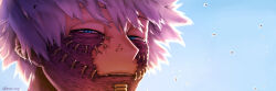 Rule 34 | 1boy, backlighting, blue eyes, boku no hero academia, close-up, dabi (boku no hero academia), earrings, imoan atag, jewelry, looking at viewer, male focus, nose piercing, parted lips, piercing, short hair, solo, stitches, twitter username, white hair