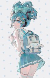 Rule 34 | 1girl, :3, adapted costume, aqua bow, ass, backpack, bag, bare shoulders, blue eyes, blue hair, blush, bow, cameo, candy hair ornament, character hair ornament, character name, character print, cinnamiku, cinnamon roll, cinnamoroll, clothes writing, cloud hair ornament, cowboy shot, food-themed hair ornament, fortissimo, hair bow, hair ornament, hatsune miku, headphones, headset, highres, holding strap, looking at viewer, looking back, lunar (lunar 815), miniskirt, musical note, musical note hair ornament, number tattoo, pleated skirt, polka dot, polka dot background, sanrio, scrunchie, shirt, shoulder tattoo, skirt, smile, solo, sticker, tattoo, thighhighs, updo, white shirt, white thighhighs, wrist scrunchie