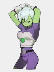Rule 34 | 1girl, armor, arms up, bodysuit, cheelai, colored skin, dragon ball, dragon ball super, dragon ball super broly, gloves, green skin, grey background, kemachiku, looking to the side, purple bodysuit, purple eyes, short hair, simple background, solo, white gloves, white hair