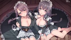 Rule 34 | 2girls, absurdres, apron, azur lane, black dress, blue eyes, blush, braid, breasts, brown hair, cleavage, curacoa (azur lane), curlew (azur lane), dated, dress, foot out of frame, frilled apron, frills, grey eyes, hair between eyes, hairband, highres, indoors, lace-trimmed hairband, lace trim, large breasts, long hair, long sleeves, looking at viewer, maid apron, maid headdress, multiple girls, pulling own clothes, side braid, signature, sunebu (snake boo2), two-tone dress, white apron, white dress, wooden floor
