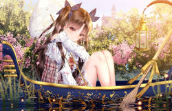 Rule 34 | 1girl, absurdres, alternate costume, bare legs, black ribbon, blush, boat, brown dress, brown hair, bush, castle, closed mouth, commentary, day, dress, fate/grand order, fate (series), fireflies, hair ribbon, highres, holding, holding umbrella, ishtar (fate), junpaku karen, knees up, lace-trimmed sleeves, lace trim, long hair, long sleeves, looking at viewer, outdoors, paddle, parted bangs, plaid, plaid dress, plant, red eyes, reflection, ribbon, shirt, sitting, sleeves past wrists, smile, solo, symbol-only commentary, two side up, umbrella, very long hair, water, watercraft, white shirt, yellow ribbon