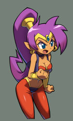 Rule 34 | 1girl, alternate costume, angry, bandana, bandeau, blue eyes, bracer, breasts, choker, circlet, cleavage, clenched hand, clenched hands, cowboy shot, cropped legs, dark-skinned female, dark skin, earrings, forehead jewel, grey background, highres, hoop earrings, jewelry, long hair, lots of jewelry, makoto yabe, md5 mismatch, medium breasts, official art, open mouth, pointy ears, ponytail, purple hair, resolution mismatch, shantae, shantae (series), shantae and the pirate&#039;s curse, simple background, smile, solo, source larger, tiara, very long hair, vest