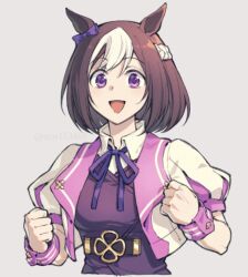 Rule 34 | 1girl, animal ears, bow, breasts, brown hair, clenched hands, collared shirt, cropped jacket, cropped torso, ear bow, grey background, horse ears, jacket, looking at viewer, multicolored hair, neck ribbon, open clothes, open jacket, open mouth, puffy short sleeves, puffy sleeves, purple eyes, ribbon, shirt, short hair, short sleeves, simple background, small breasts, smile, solo, special week (umamusume), two-tone hair, umamusume, upper body, uruimu, vest, white jacket, white shirt, wrist cuffs