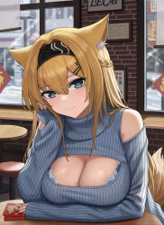 Rule 34 | 1girl, absurdres, animal ear fluff, animal ears, arknights, arm under breasts, bare shoulders, black hairband, blonde hair, blue bra, blue eyes, blush, bra, bra peek, breasts, cafe, chinese new year, chinese zodiac, cleavage, cleavage cutout, closed mouth, clothing cutout, commentary, english commentary, gaai, hair ornament, hairband, hairclip, hand on own cheek, hand on own face, highres, hongbao, horn (arknights), indoors, large breasts, long hair, long sleeves, looking at viewer, meme attire, open-chest sweater, sleeves past wrists, smile, snowing, solo, sweater, tail, underwear, very long hair, window, wolf ears, wolf girl, wolf tail, year of the dragon