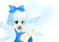 Rule 34 | 1girl, bad id, bad pixiv id, blue eyes, blue hair, bow, chibi, cirno, dress, embodiment of scarlet devil, female focus, gradient background, matching hair/eyes, saitou takana, shrugging, snow, solo, touhou, white background, wings