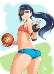 Rule 34 | 1boy, ass, basketball, blue eyes, blue hair, boyshorts, eyepatch, from behind, highres, looking at viewer, original, pallasite, ponytail, short shorts, shorts, smile, sports bra, thighs, trap