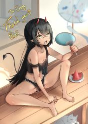 Rule 34 | 1girl, absurdres, bare legs, barefoot, black hair, blurry, blurry foreground, breasts, cat, cleavage, commission, crop top, dark-skinned female, dark skin, demon girl, demon tail, depth of field, dolphin shorts, food, fruit, hair between eyes, hand fan, highres, horns, hot, huge filesize, long hair, midriff, navel, open mouth, original, paper fan, pointy ears, second-party source, short shorts, shorts, sidelocks, sitting, skeb commission, skoll world, small breasts, solo, strap slip, sweat, tail, tatami, uchiwa, watermelon, yellow eyes
