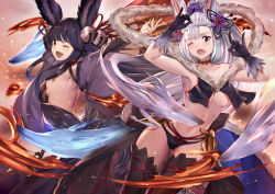 Rule 34 | 2girls, ;d, ;o, animal ears, backless outfit, bell, black gloves, black hair, black legwear, blue eyes, breasts, choker, cleavage, cosplay, costume switch, dress, erune, fangs, fox shadow puppet, from side, gloves, granblue fantasy, hair bell, hair ornament, jingle bell, large breasts, looking at viewer, medium breasts, midriff, multiple girls, navel, one eye closed, open mouth, outstretched arms, pak ce, red eyes, sideboob, silver hair, smile, societte (granblue fantasy), societte (granblue fantasy) (cosplay), thighhighs, underboob, yuel (granblue fantasy), yuel (granblue fantasy) (cosplay)