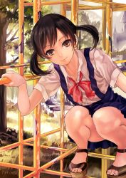 Rule 34 | 1girl, black hair, blurry, bow, brown eyes, child, depth of field, feet, grass, highres, jungle gym, long hair, looking at viewer, open shoes, original, outdoors, platform footwear, sandals, short hair, short twintails, skirt, smile, solo, squatting, toes, tree, ttk (kirinottk), twintails